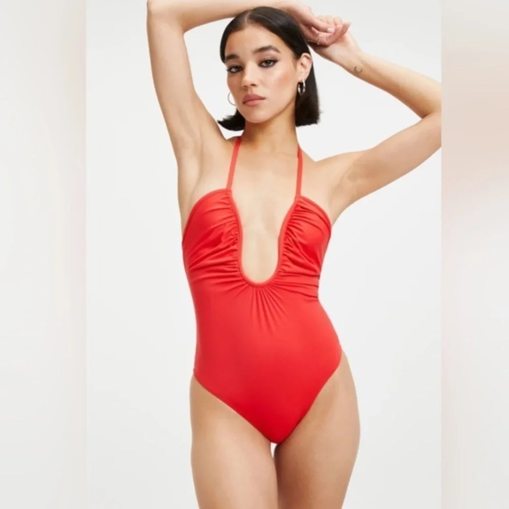 Good American Leilani Halter One Piece Swim Bright Poppy NWT